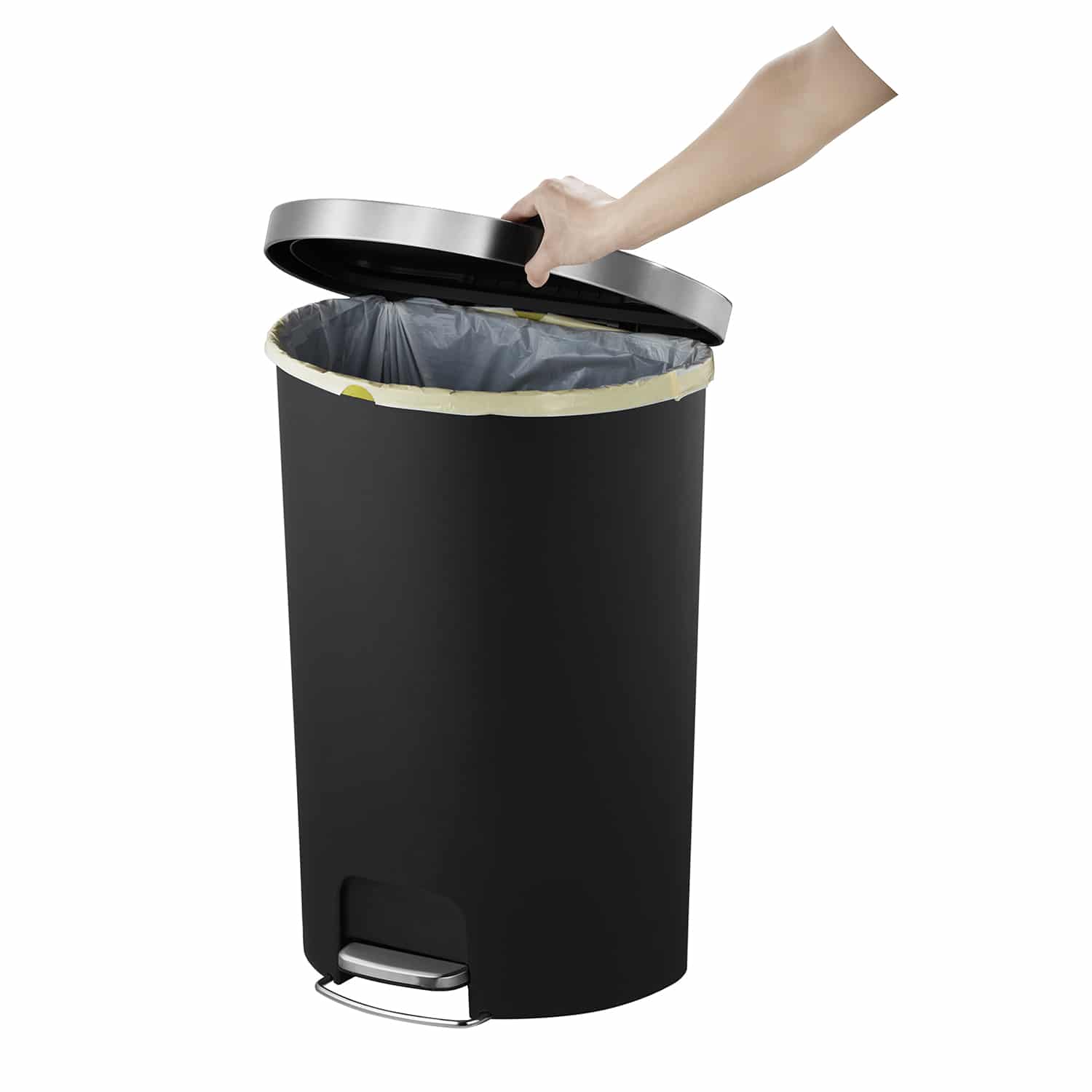 Hana Semi-Round Thùng rác đạp chân 55L with built-in Wheels Đen