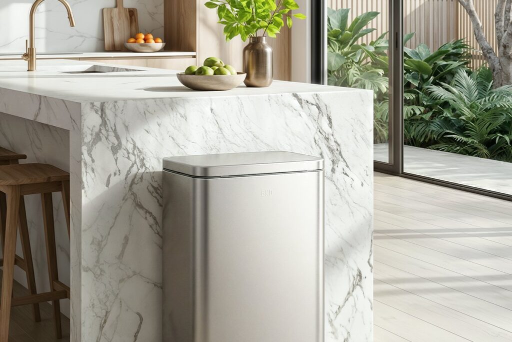 Thùng rác đạp chân lớn đặt cạnh đảo bếp đá trong căn bếp sáng hiện đại