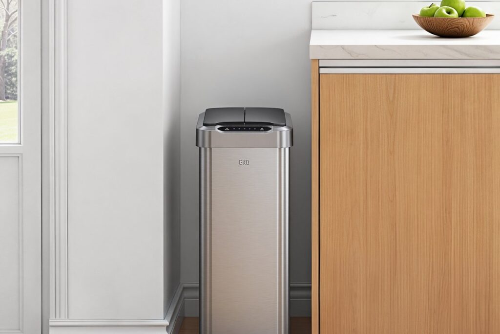 Thùng rác cảm biến EKO inox đặt cạnh tủ bếp gỗ trong căn bếp sáng